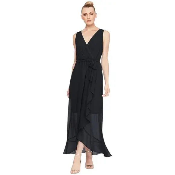 SLNY | Dresses | Slny Ruffle Front Belted Maxi Dress Black 8 | Poshmark